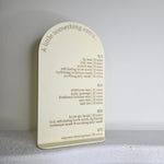 Cream arch price list sign with gold engraving