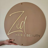 Round Acrylic Sign (taupe with brushed gold)