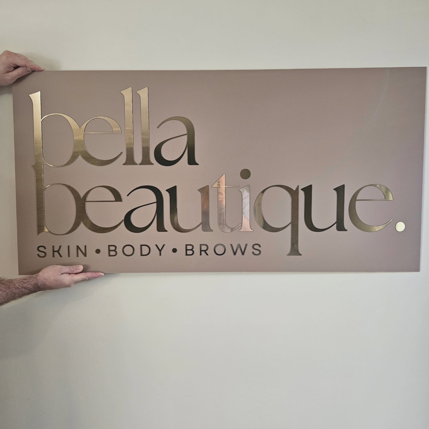 Taupe Acrylic Business Sign with Brushed Gold Lettering