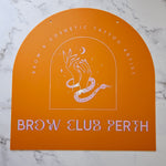 Arch Business Sign in Tangerine acrylic with UV printed logo