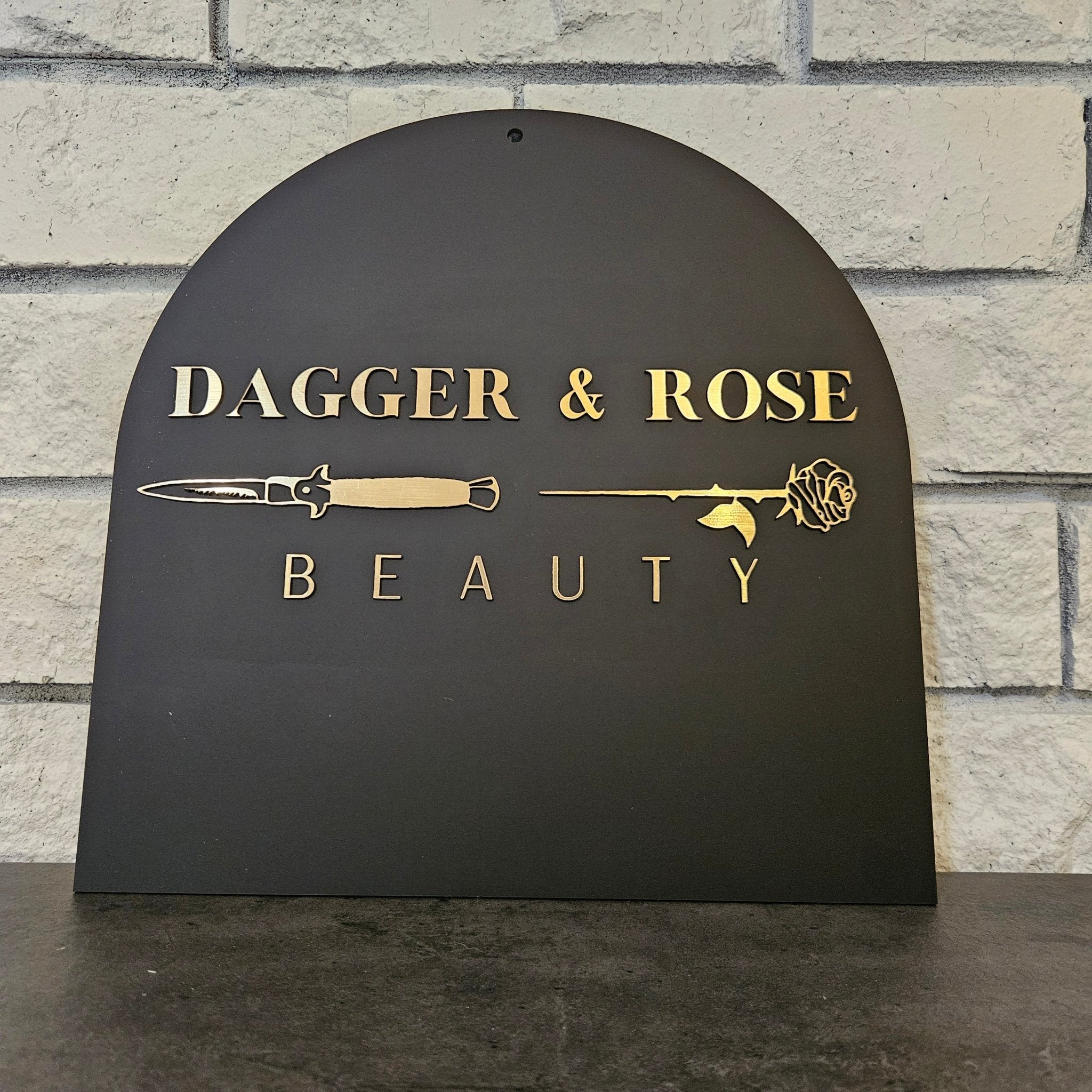 Matte Black Arch Acrylic Sign with 3D lettering in Brushed Gold