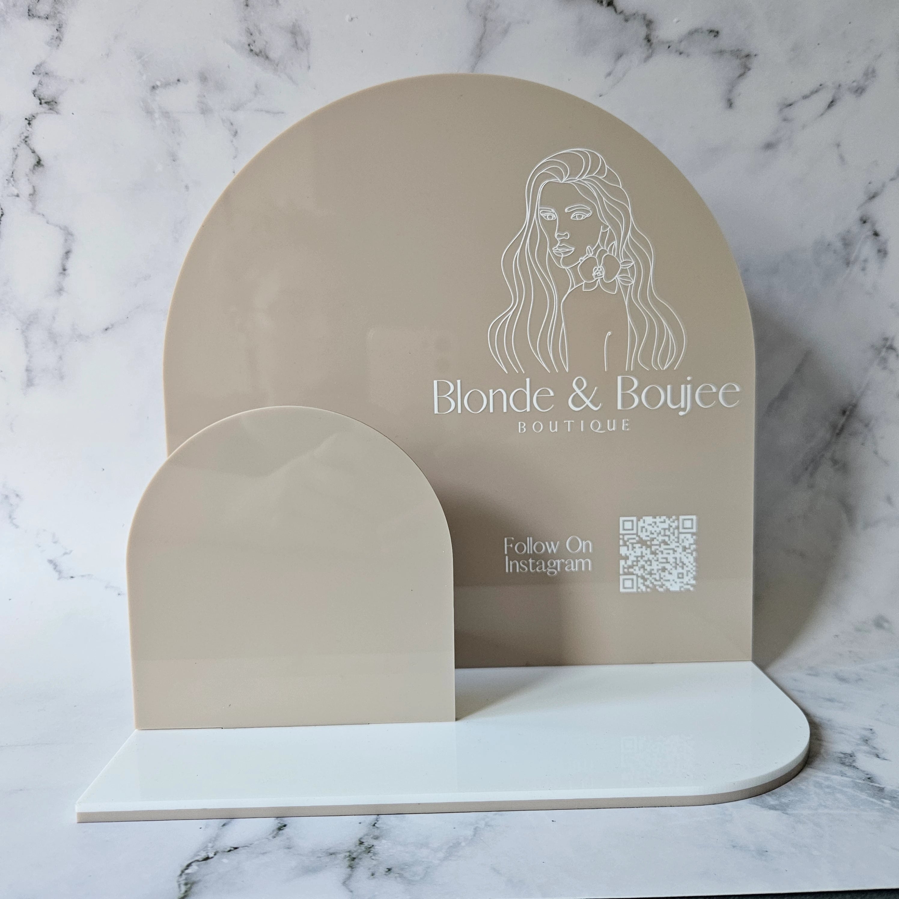 Arch Brochure Holder in Gloss Mushroom Acrylic and White Logo