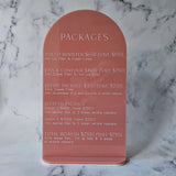 Arch Price List Sign in Pink Clay Acrylic with White Writing