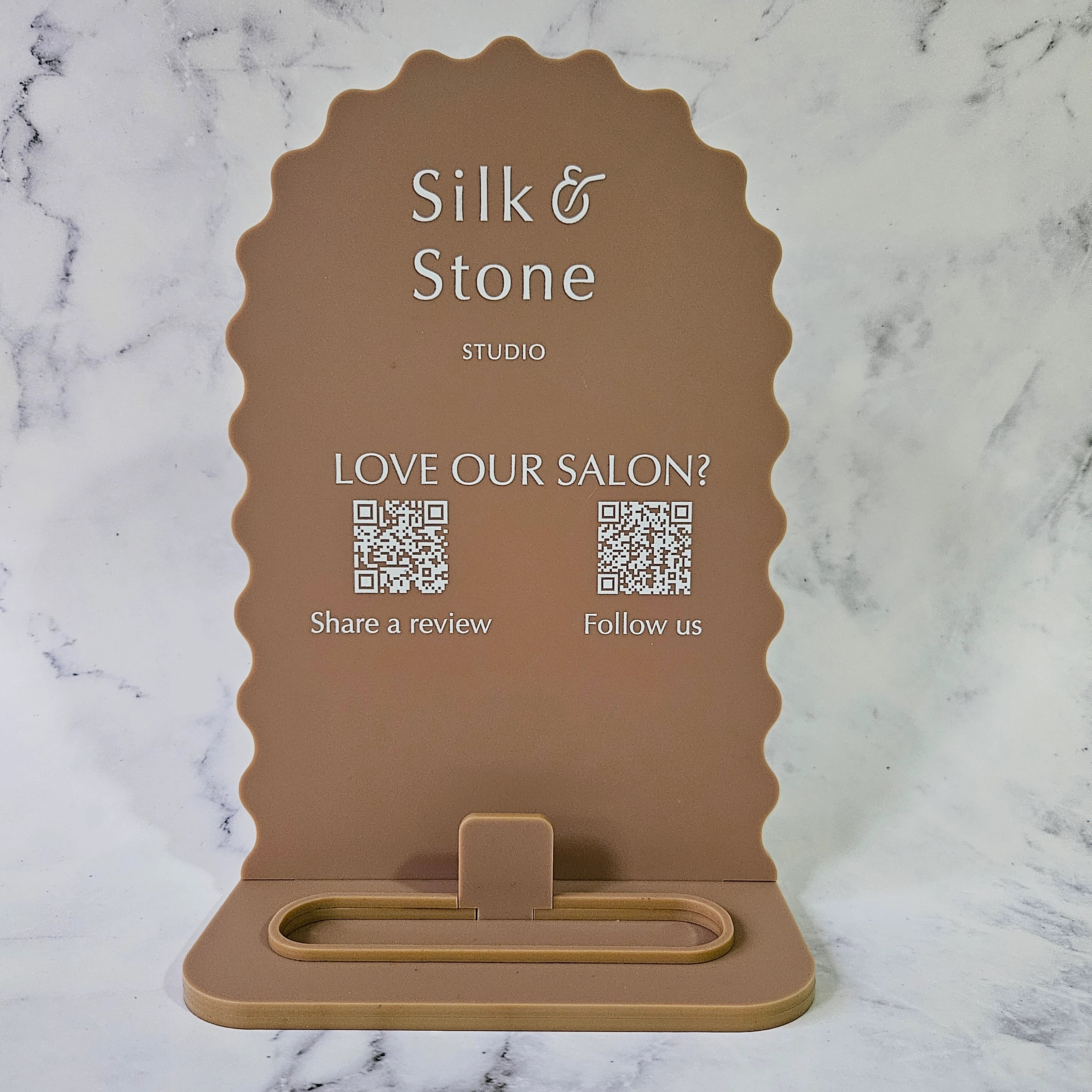 Arch QR Code Sign with Wavy Edges - Clay Acrylic and White Text