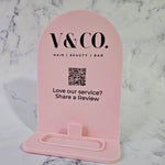 Arch QR Code Sign in Baby Blush Acrylic and Black Writing - Side View