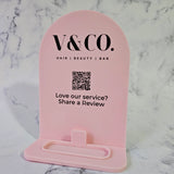 Arch QR Code Sign in Baby Blush Acrylic and Black Writing - Side View