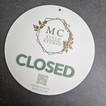 Closed Sign with white acrylic and gold logo