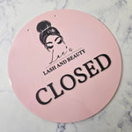 Closed Sign in Pink with Black logo