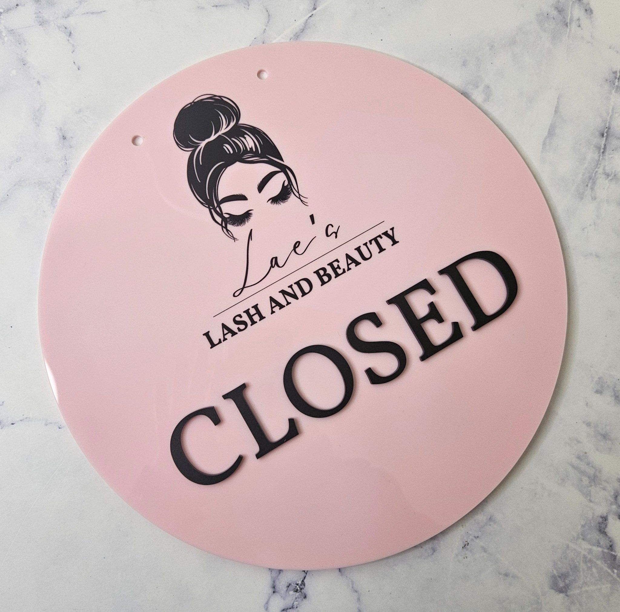 Closed Sign in Pink with Black logo