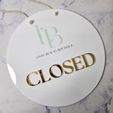 Closed Sign in White with Gold 3D Letters