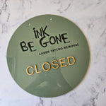 Round Olive Green Acrylic with Black Logo and Gold Closed Lettering