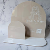 Arch Brochure Holder in Gloss Mushroom Acrylic and White Logo