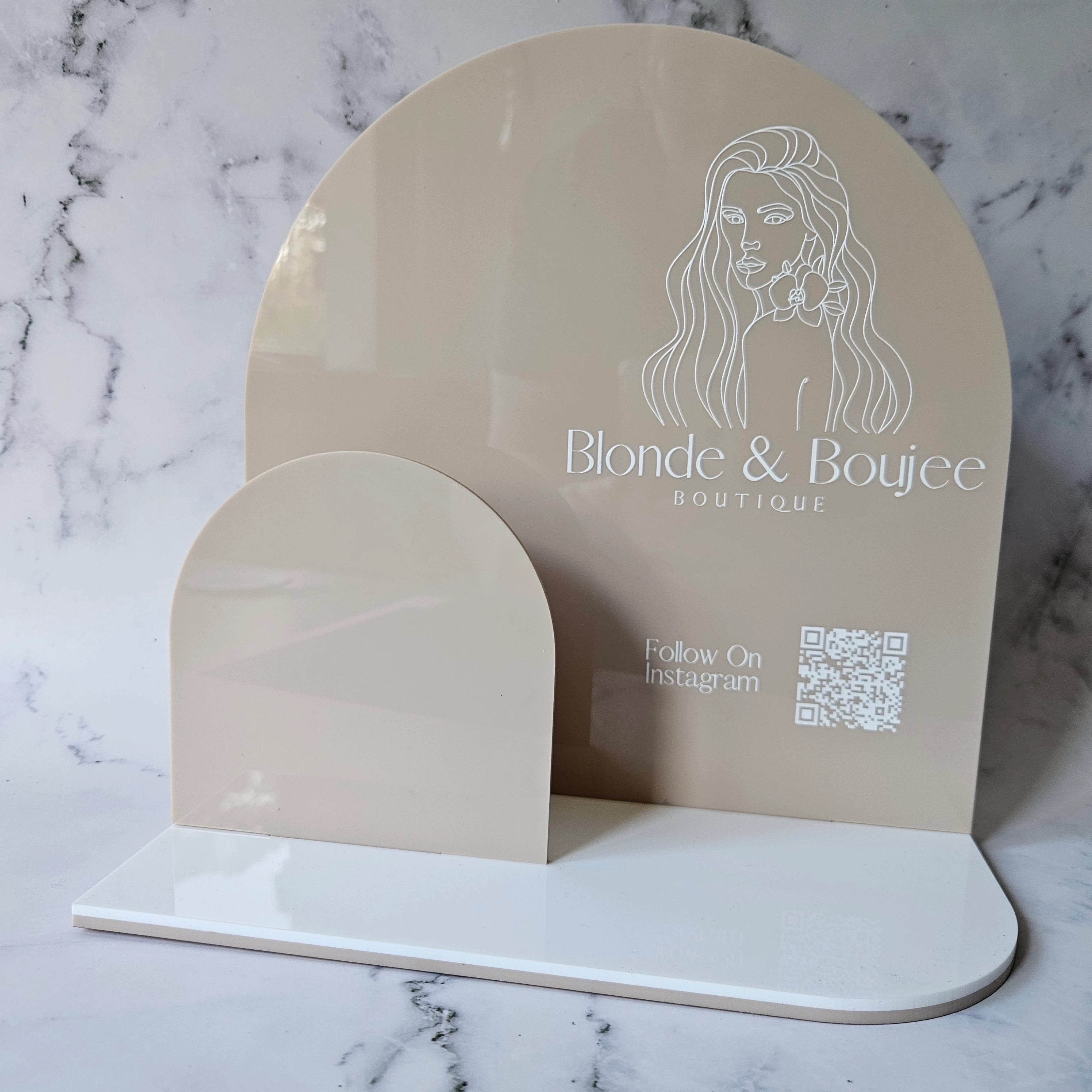 Arch Brochure Holder in Gloss Mushroom Acrylic and White Logo