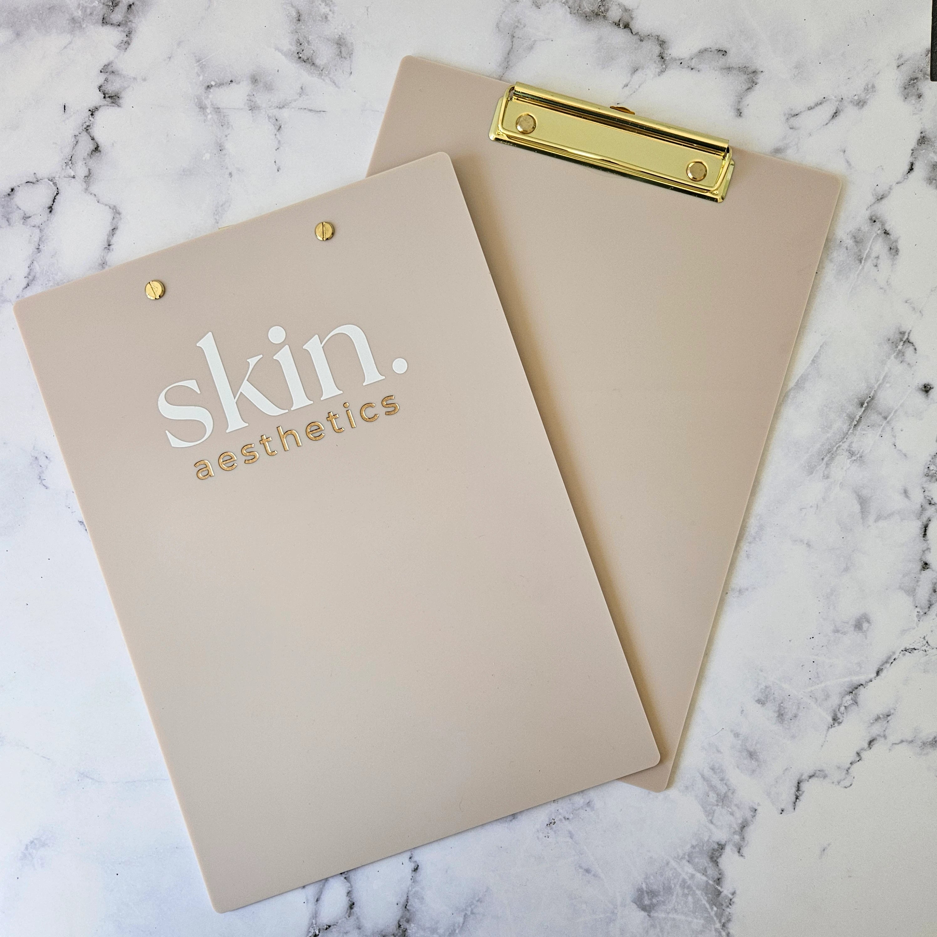 A4 Clipboard in Almond acrylic with White and Gold Logo