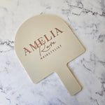 Custom handheld mirror in Beige acrylic & Rose Gold logo