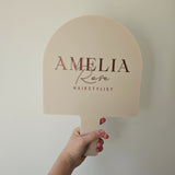 Custom handheld mirror in Beige acrylic & Rose Gold logo