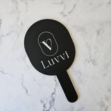 Oval Handheld Mirror in Black Acrylic and White Logo