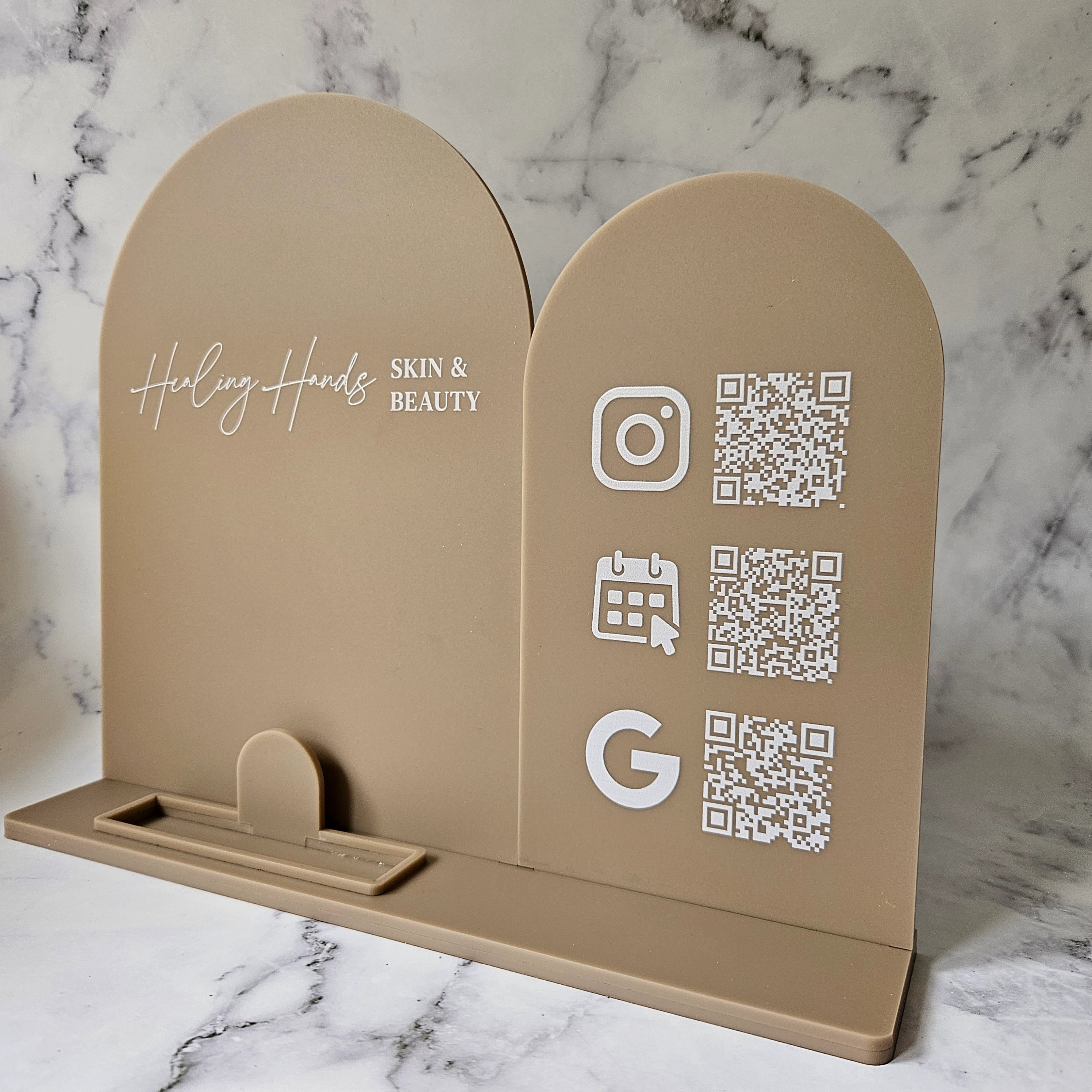 Double Arch Multi QR Code Sign with Logo and Business Card Holder - Mocha Acrylic with White Text