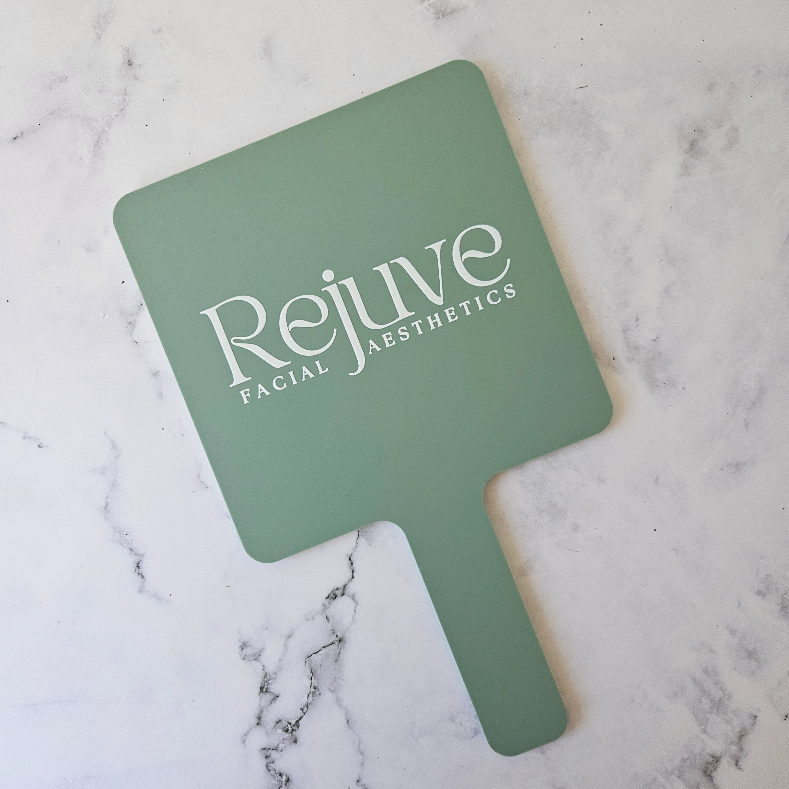 Custom handheld mirror in Sage acrylic & White logo