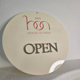 Round open sign with mirror gold acrylic letters