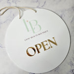 Open Sign in White Acrylic with Gold Acrylic Letters