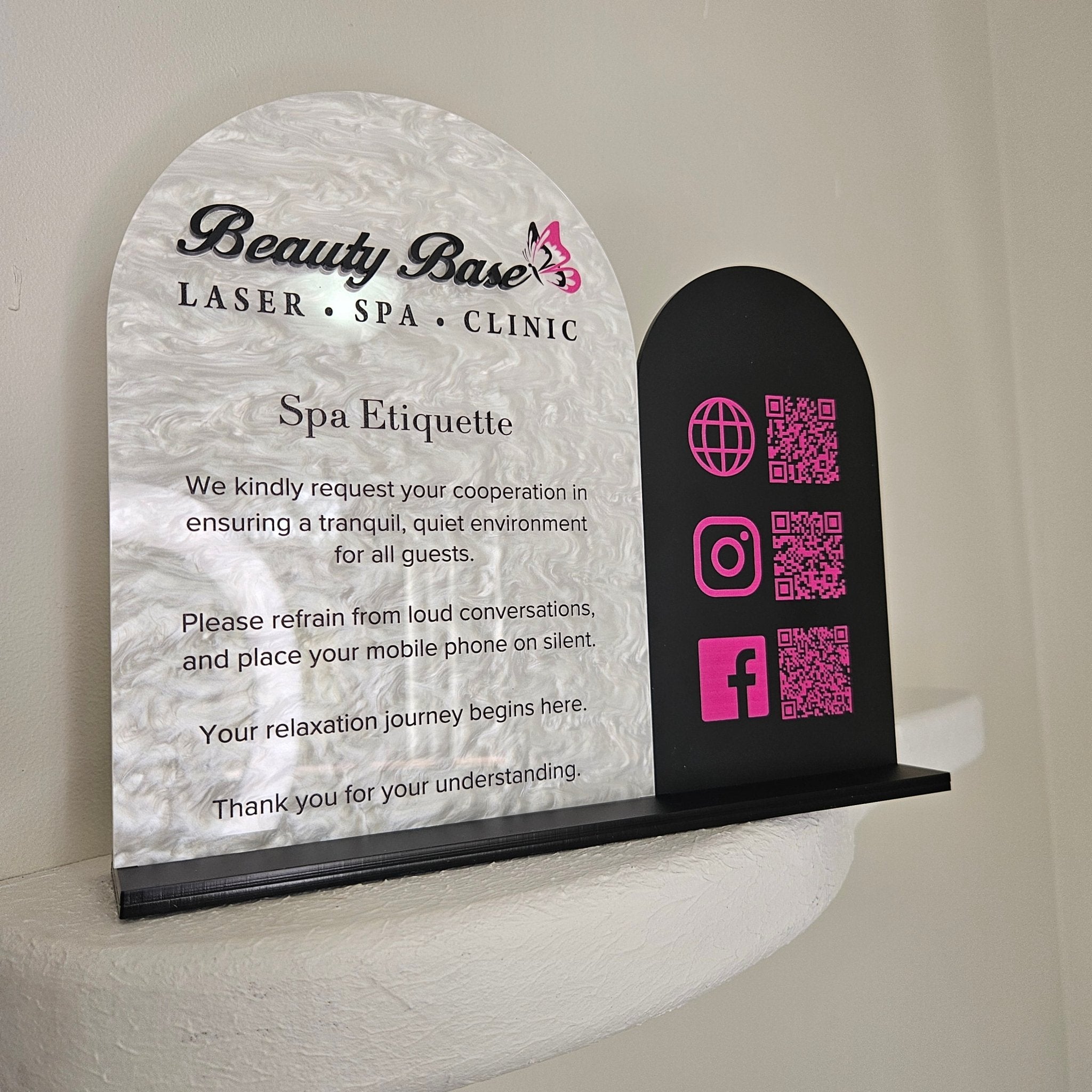 Double arch QR Code sign (white pearl acrylic)