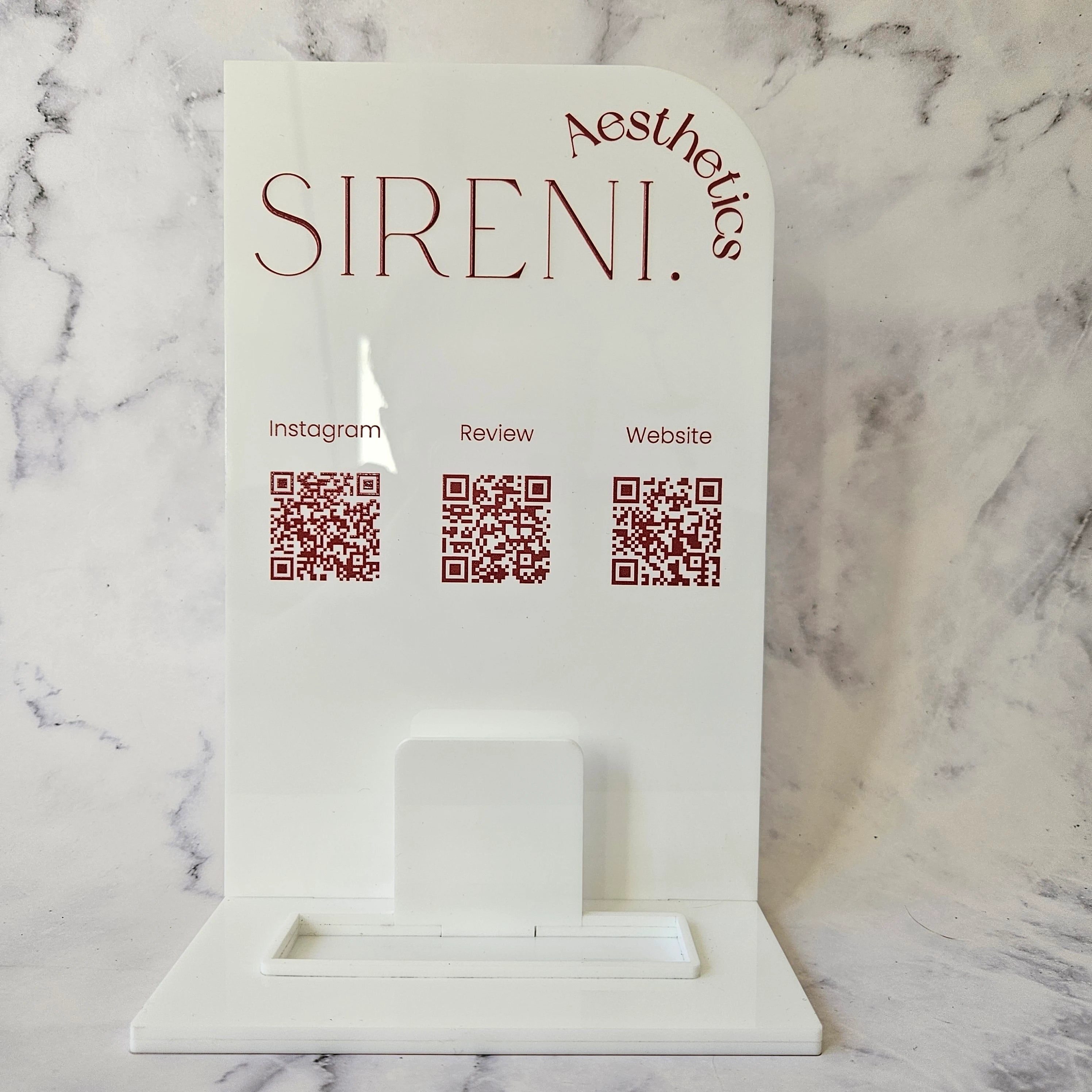 Rectangle QR Code Stand in Gloss White Acrylic and custom red Lettering