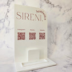 Rectangle QR Code Stand in Gloss White Acrylic and custom red Lettering