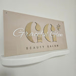 Gloss Almond Rectangle business sign with White & Brushed Gold 3D Letters