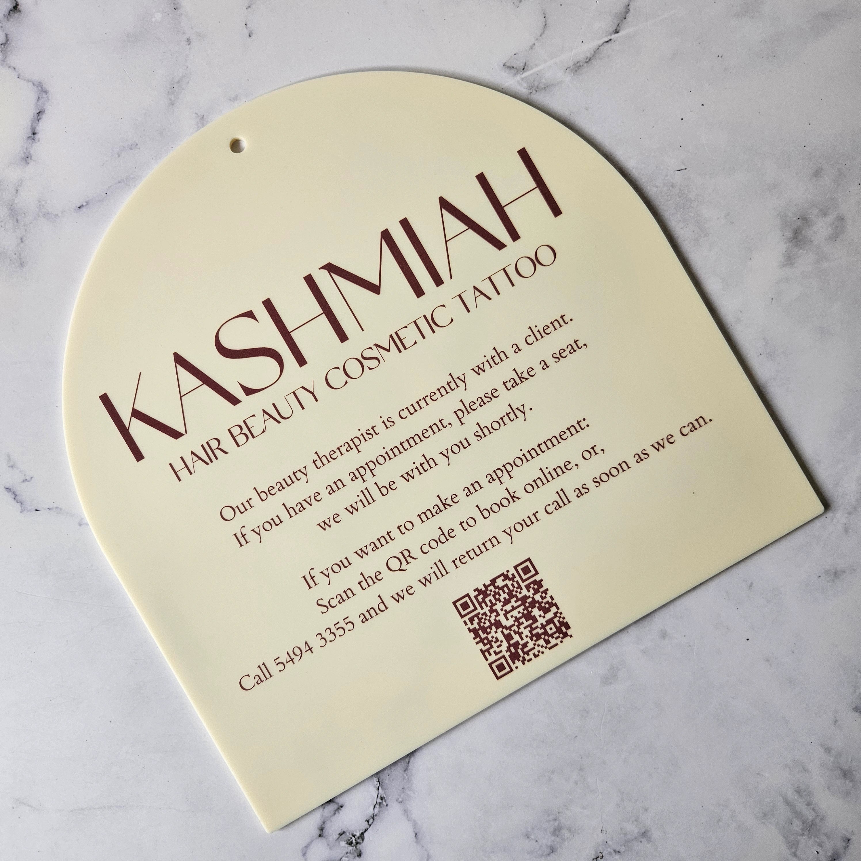 Arch return at signage in Cream acrylic & UV Printed text