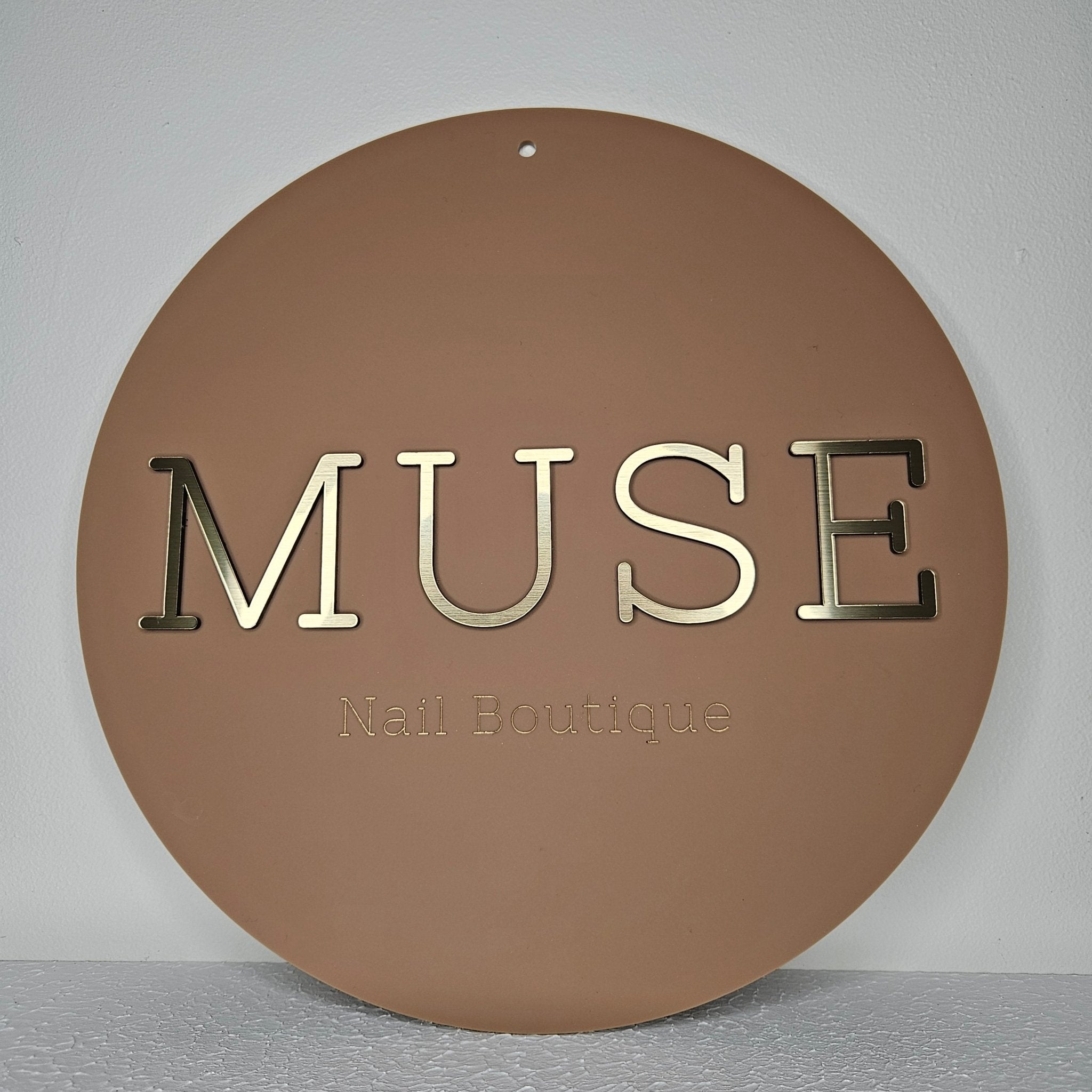 Round Business Sign (clay with brushed gold acrylic letters)