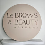 Round business sign (beige with brushed brown 3D letters)