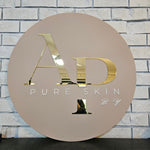 Round business sign (almond with 3D white & mirror gold letters)