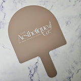 XL Arch Handheld Mirror in Taupe Acrylic with White Logo