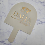 XL Arch Handheld Mirror in Beige Acrylic with Gold Engraved Logo