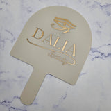 XL Arch Handheld Mirror in Beige Acrylic with Gold Engraved Logo