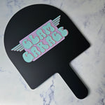 XL Arch Mirror in Black Acrylic with UV Printed Logo