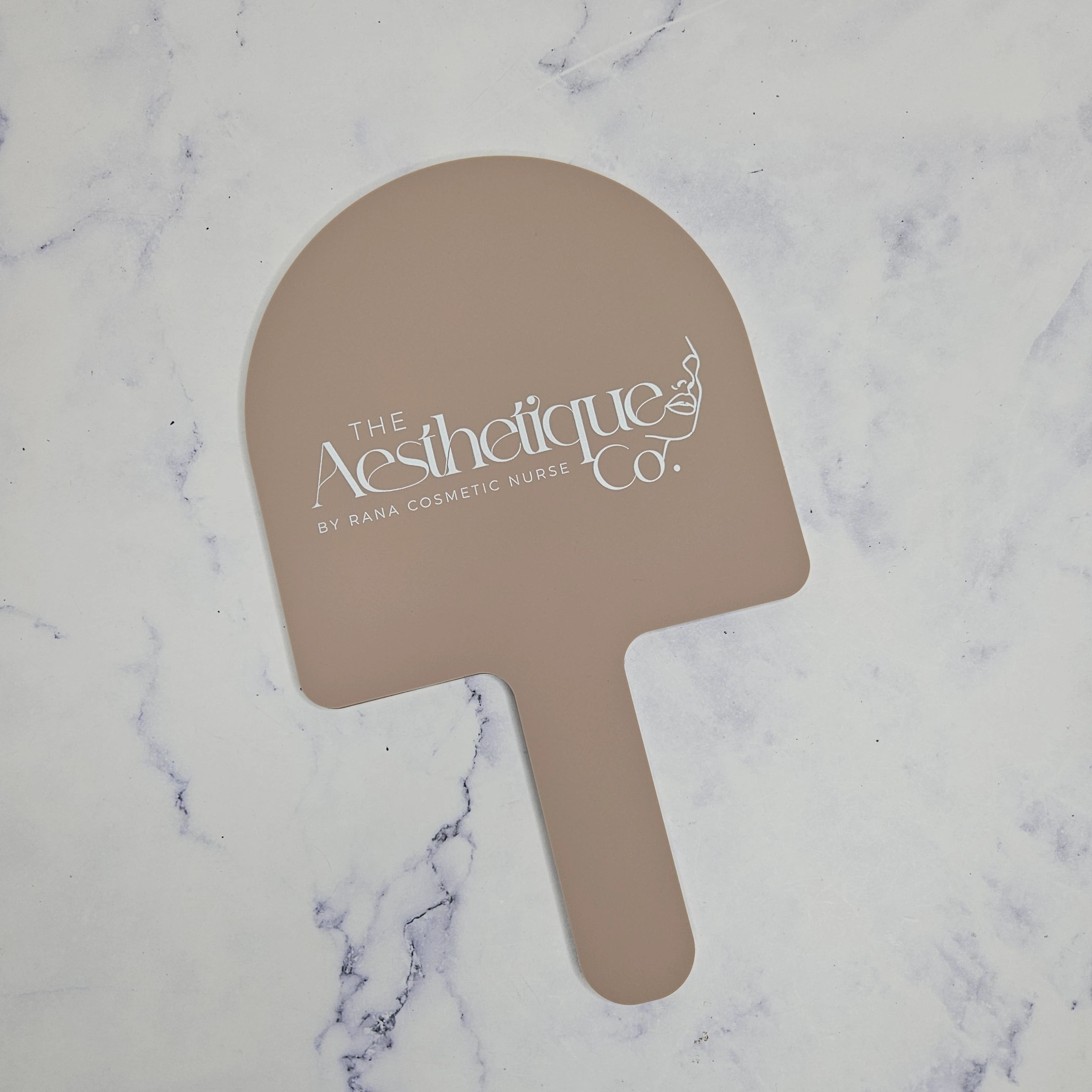 Taupe Acrylic Arch Handheld Mirror with White logo