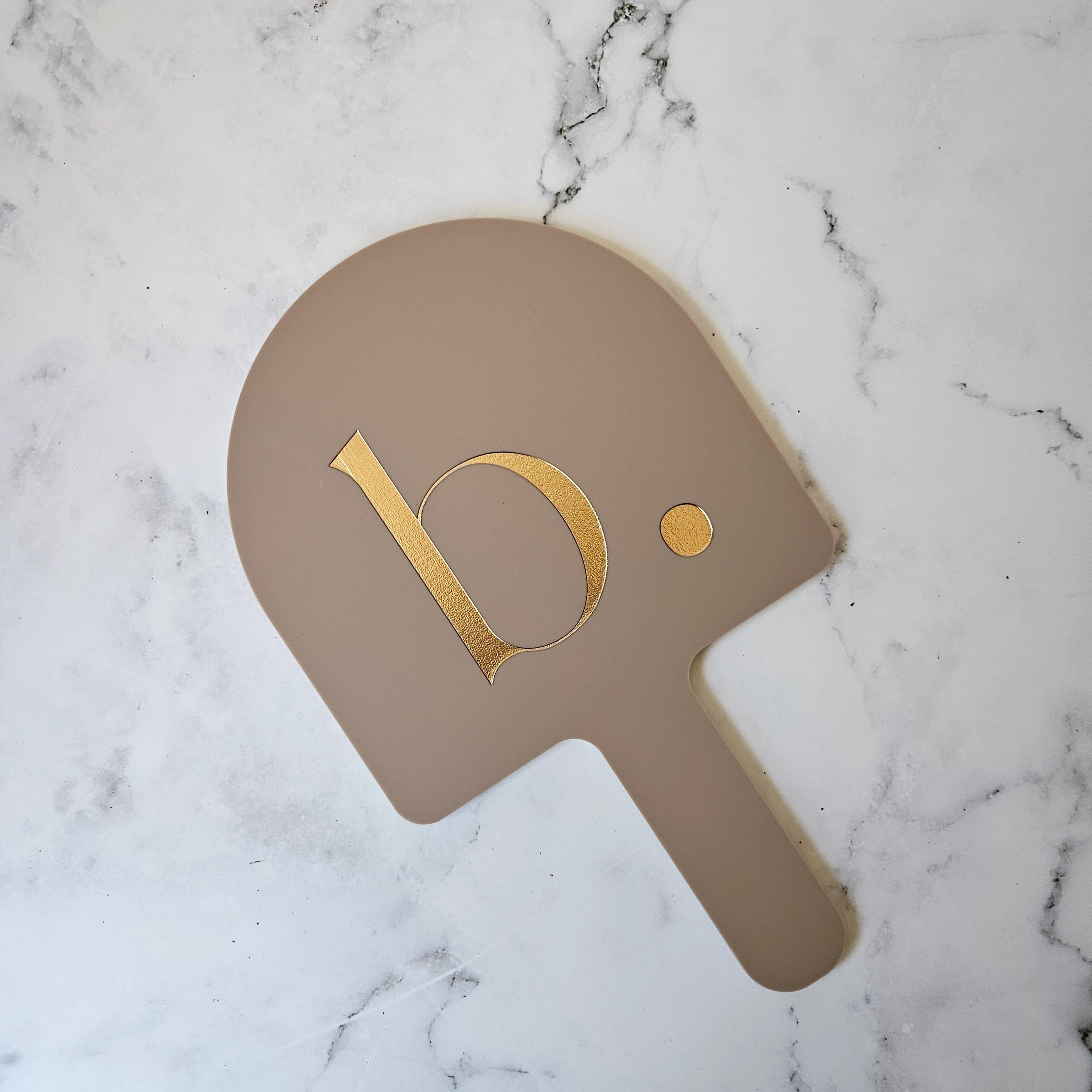 Taupe Acrylic Arch Handheld Mirror with Gold logo