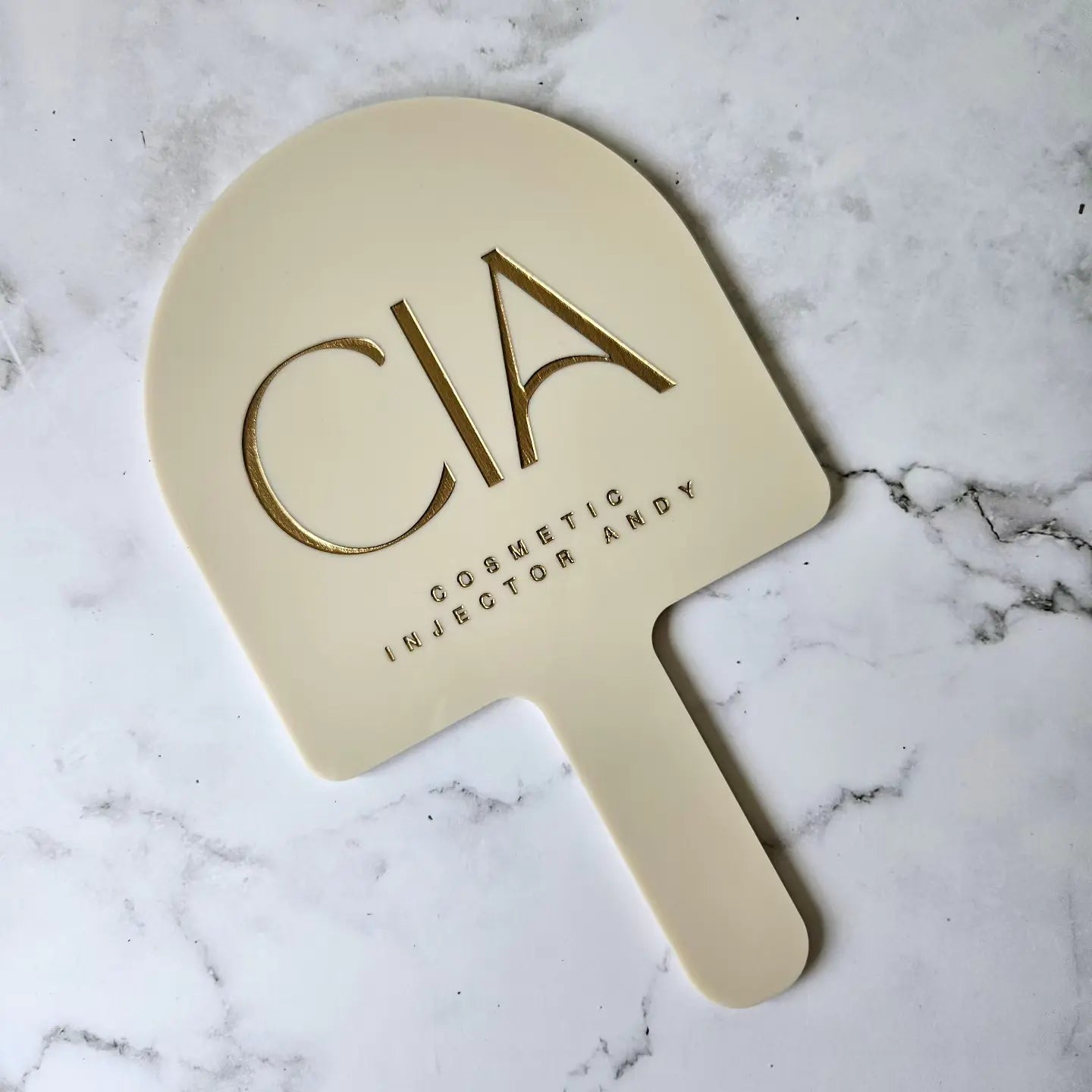 Beige Acrylic (gloss) Arch Handheld Mirror with Gold logo