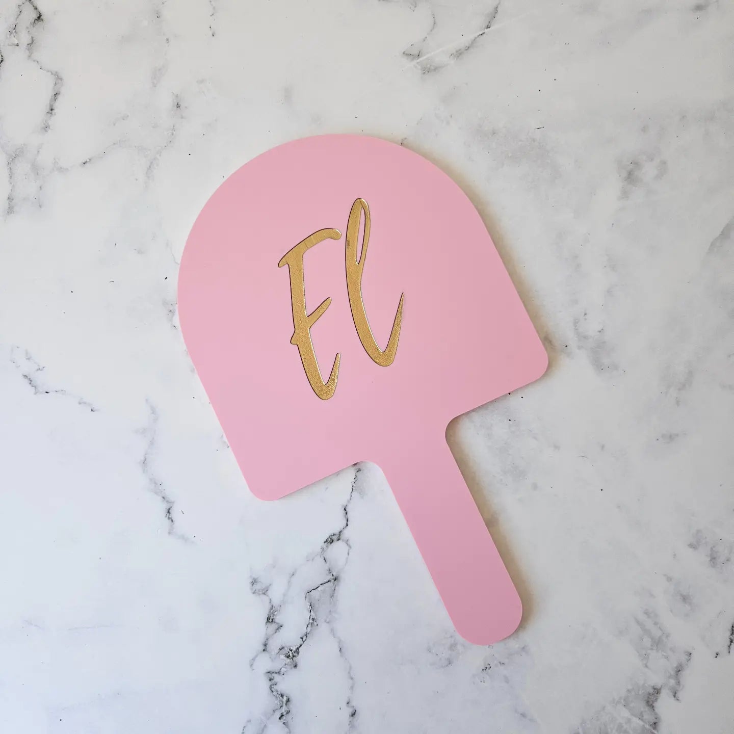 Pastel Pink Acrylic Arch Handheld Mirror with Gold logo