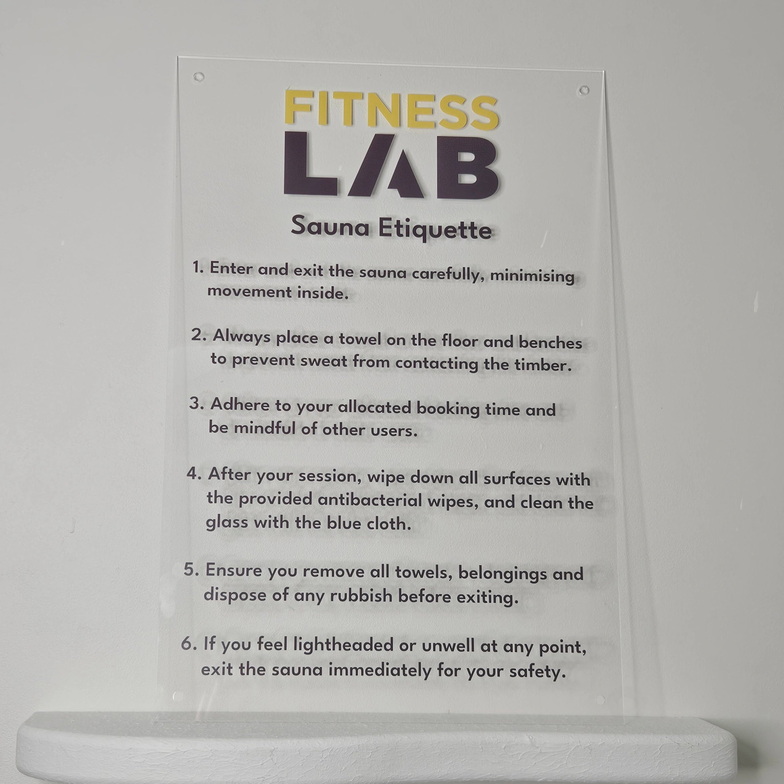 Rectangle business sign in clear with UV printed text for sauna instructions