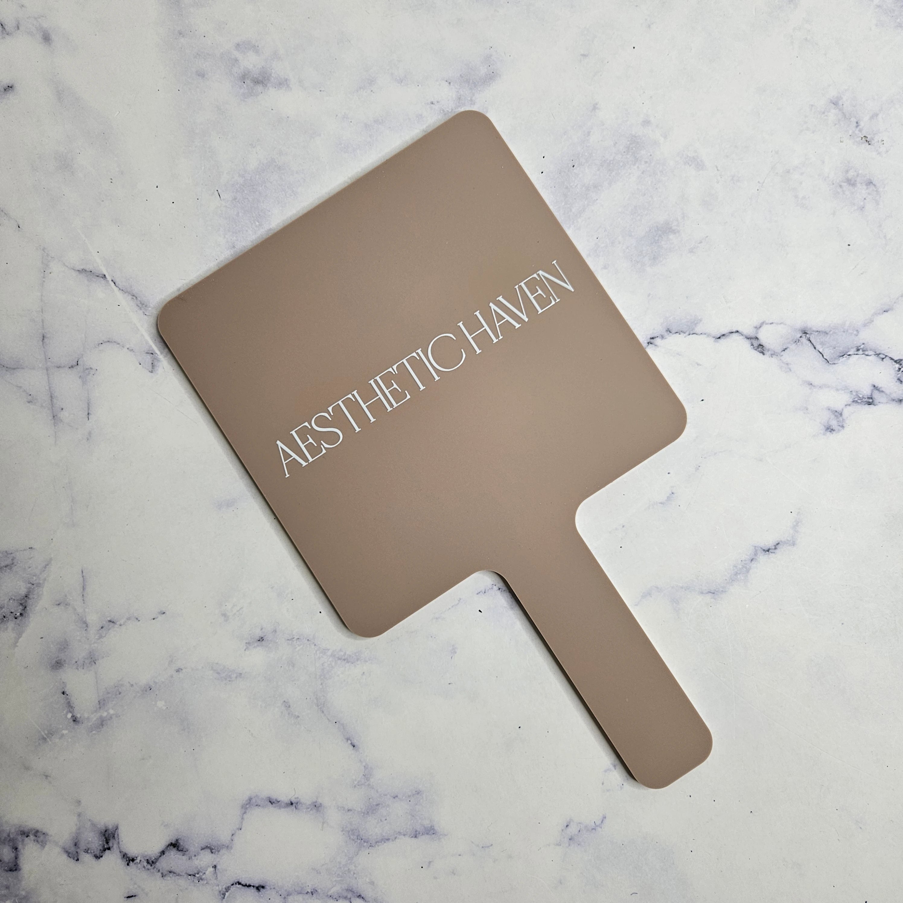 Square Handheld Mirror in Taupe Acrylic & White Logo