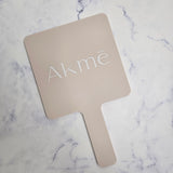 Square Handheld Mirror in Almond Acrylic & White Logo