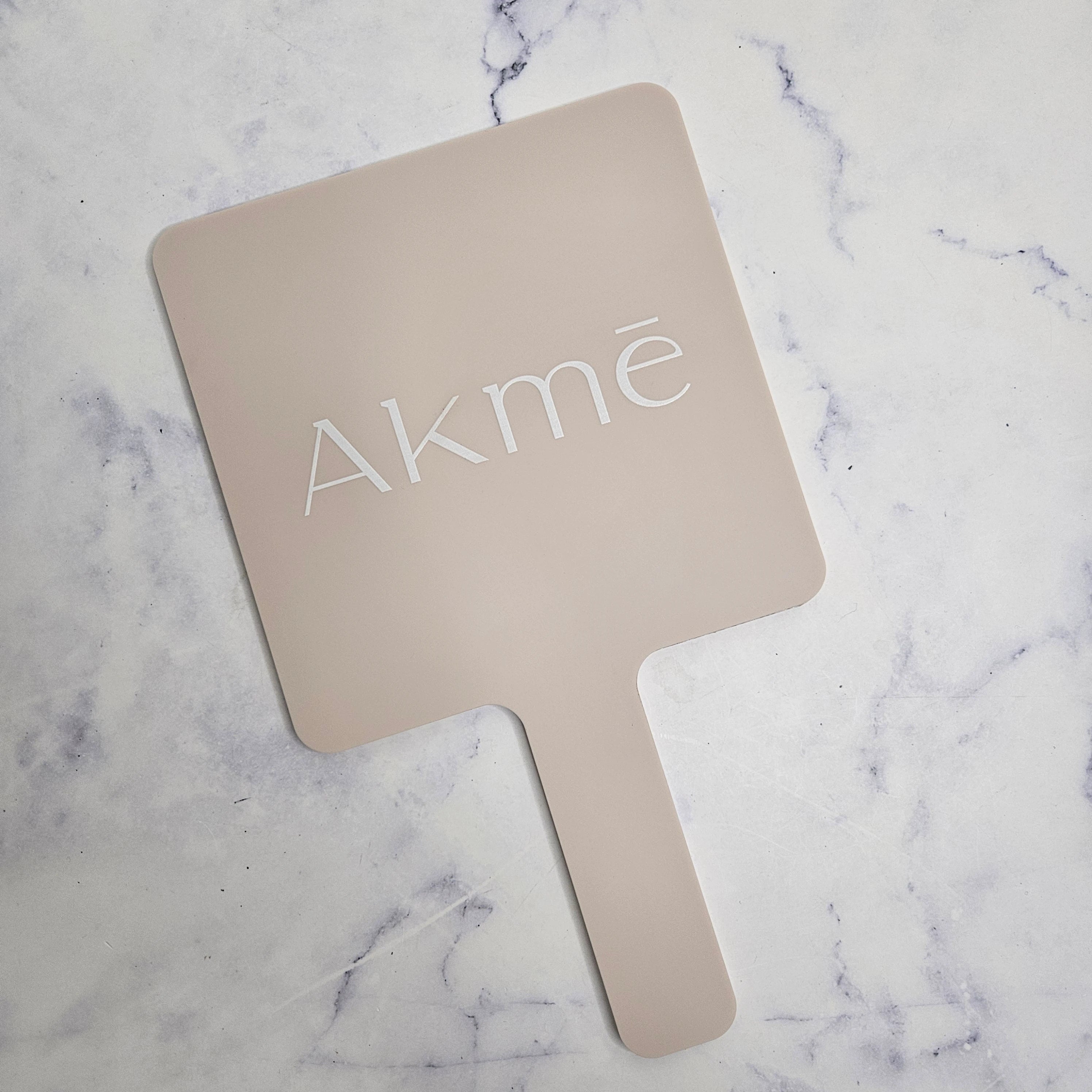 Square Handheld Mirror in Almond Acrylic & White Logo