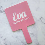 Square Handheld Mirror in Pastel Pink Acrylic & White Logo