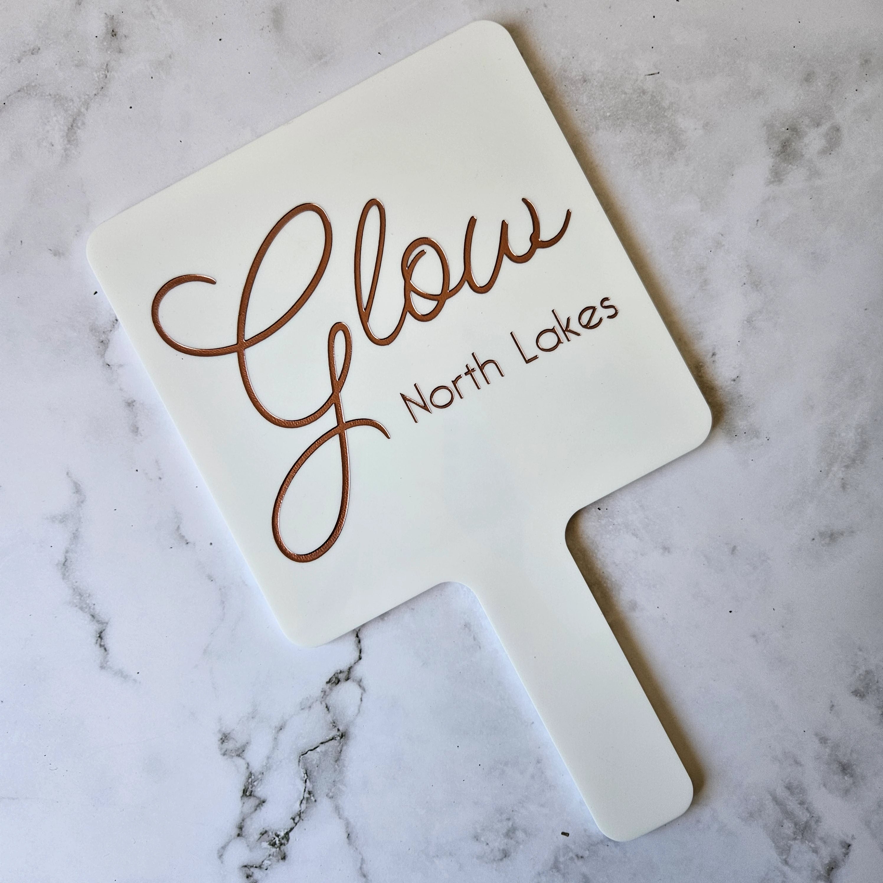 Square Handheld Mirror in White Acrylic & Rose Gold Logo