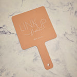 Square Handheld Mirror in Coral Peach Acrylic & White Logo