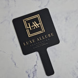 Square Handheld Mirror in Black Acrylic & Gold Logo