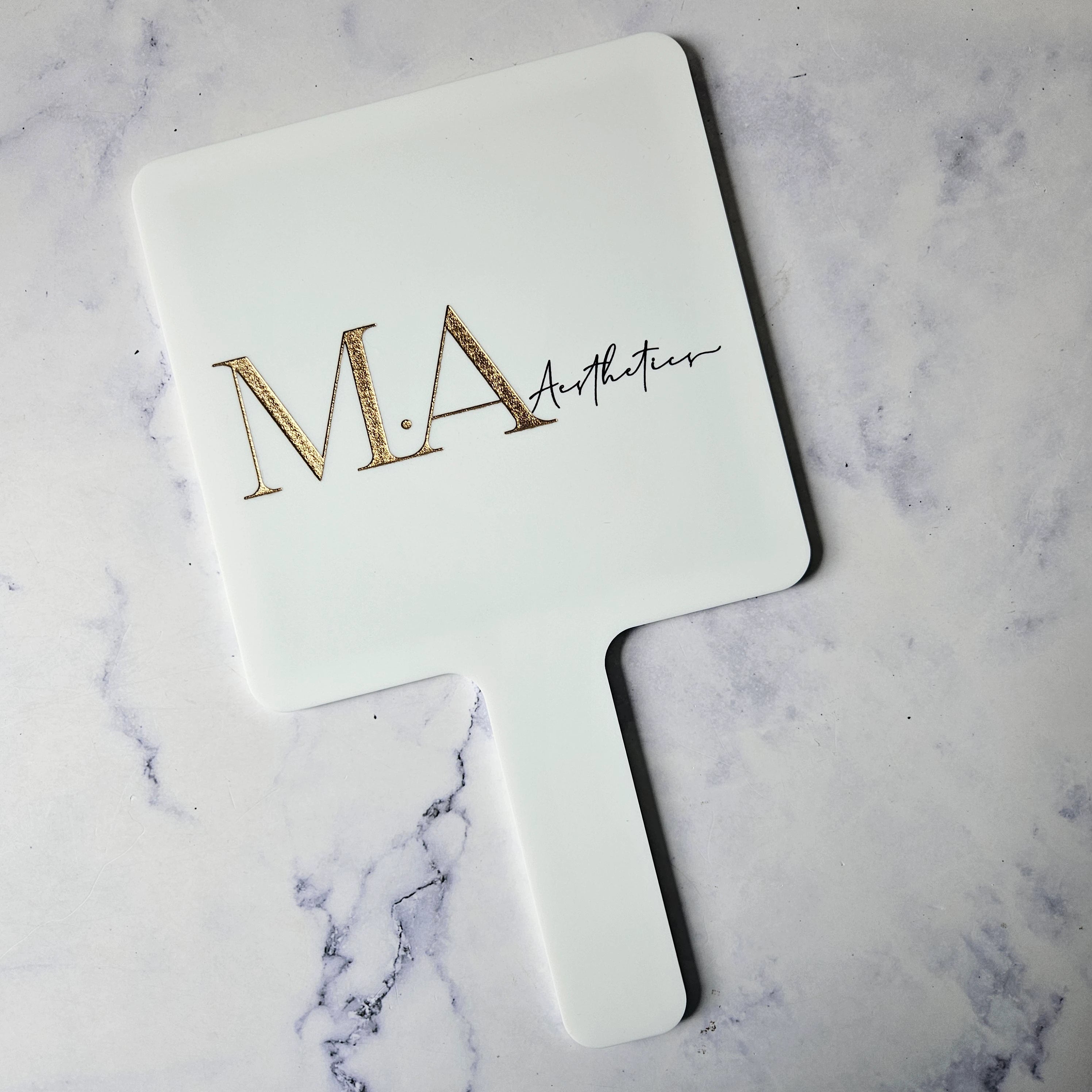 Custom Handheld Mirror in White Acrylic & Gold Logo